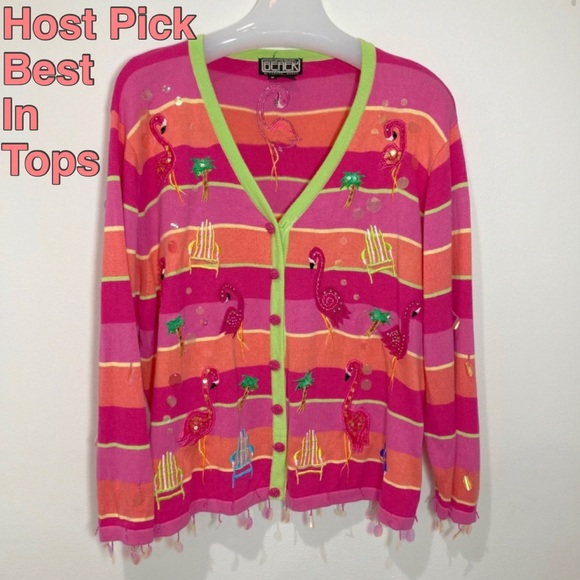 Berek2 Rare Vintage Embellished Flamingo Sweater Knit Cardigan Beads Embroidery - Picture 1 of 13